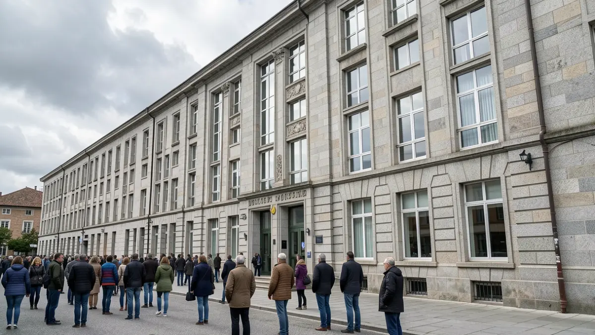 Generic image of a Galician university faculty building with a granite facade under a cloudy sky.