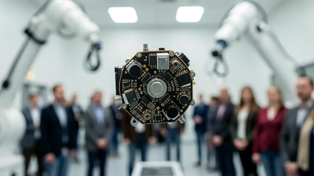 Imagen genérica de componentes de satélite en una sala limpia.