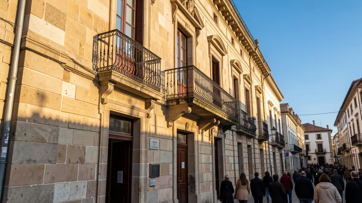 Fachada de piedra de un ayuntamiento gallego con balcón ornamentado y rejas de hierro, cálida luz de la tarde proyectando sombras en las paredes de arenisca, cielo azul.