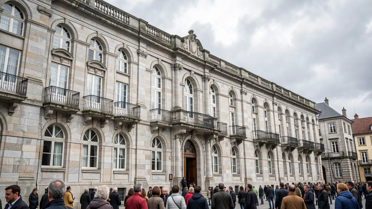 Fachada dun edificio universitario de granito en Galicia, con balcóns ornamentados e ventás arqueadas, baixo un ceo nubrado.