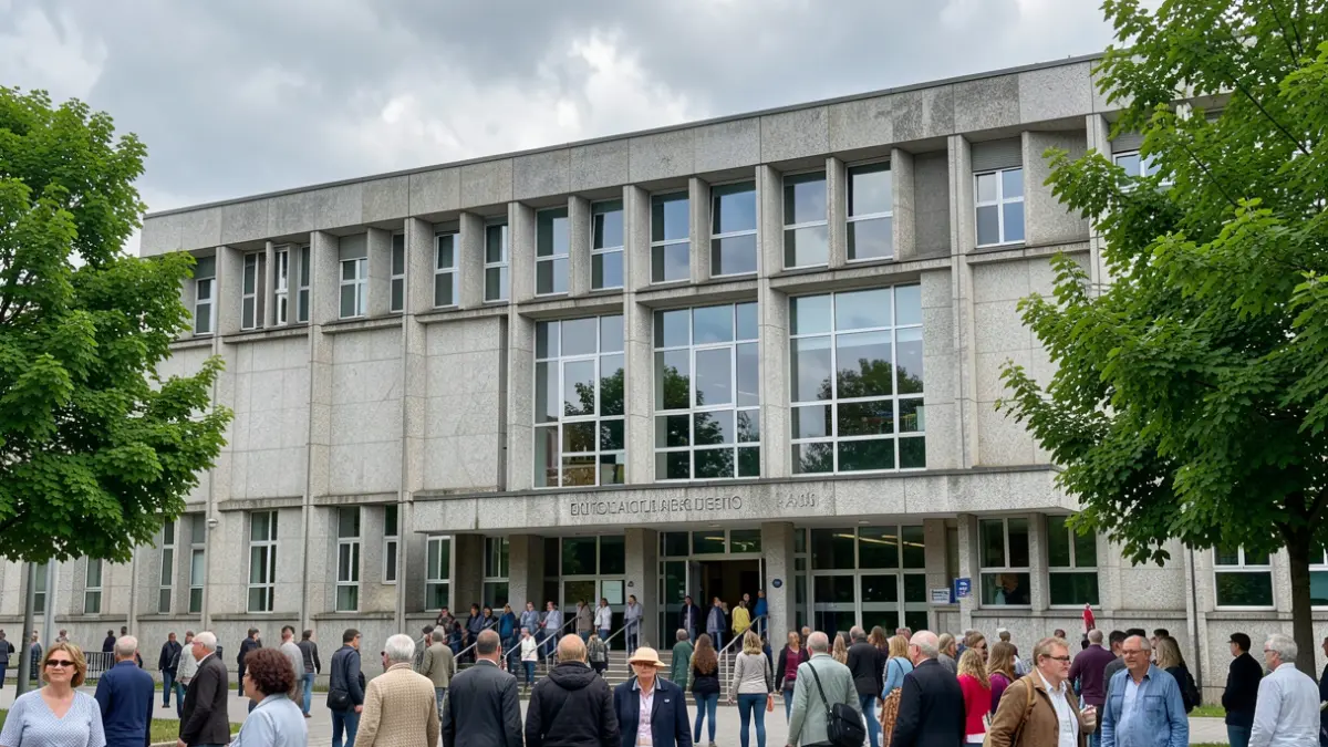 Imaxe xenérica dun edificio universitario galego de granito baixo un ceo nubrado.