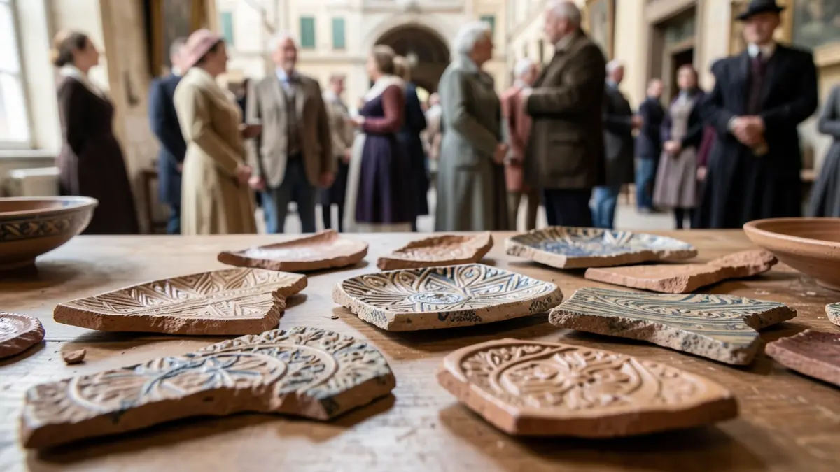 Imagen genérica de fragmentos de cerámica antigua con detalles intrincados sobre una mesa de madera.
