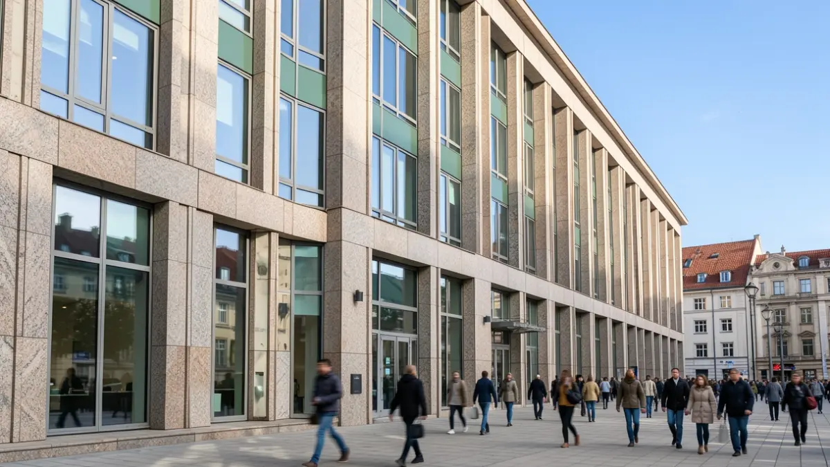 Imagen genérica de un edificio universitario moderno con detalles de granito y amplias ventanas, bajo un cielo azul.