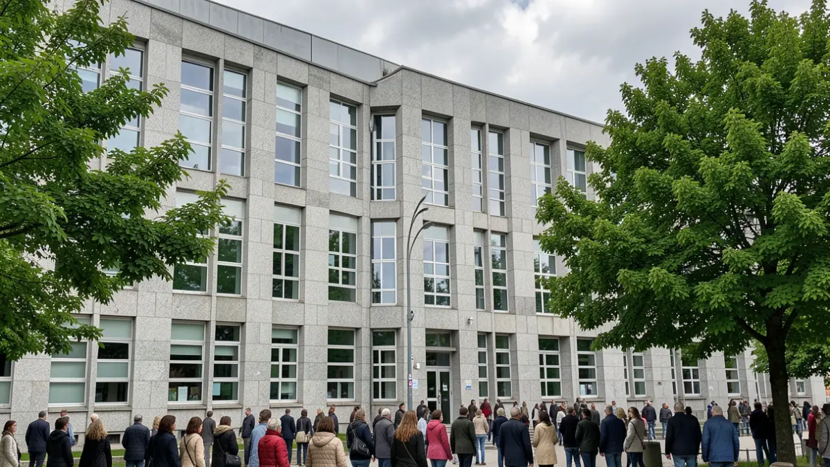 Generic image of a Galician university building made of granite under a cloudy sky.