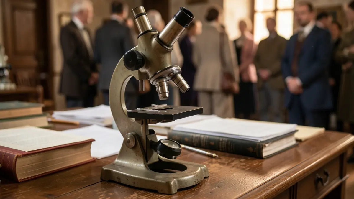 Generic image of an antique microscope on a wooden desk, with blurred scientific books and papers in the background.