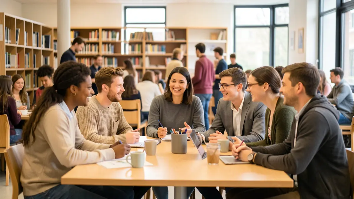 Imaxe xenérica de mozos e persoal universitario colaborando nunha sala común.