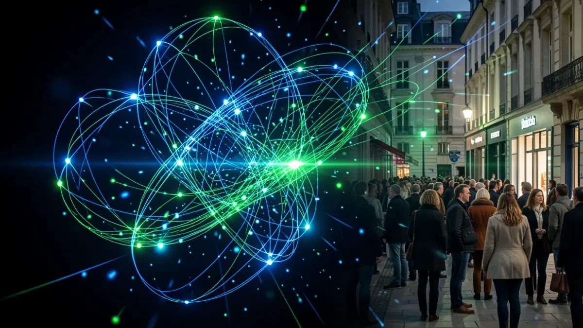 Imaxe xenérica de partículas luminiscentes e patróns de luz abstractos, representando tecnoloxía cuántica e de seguridade.