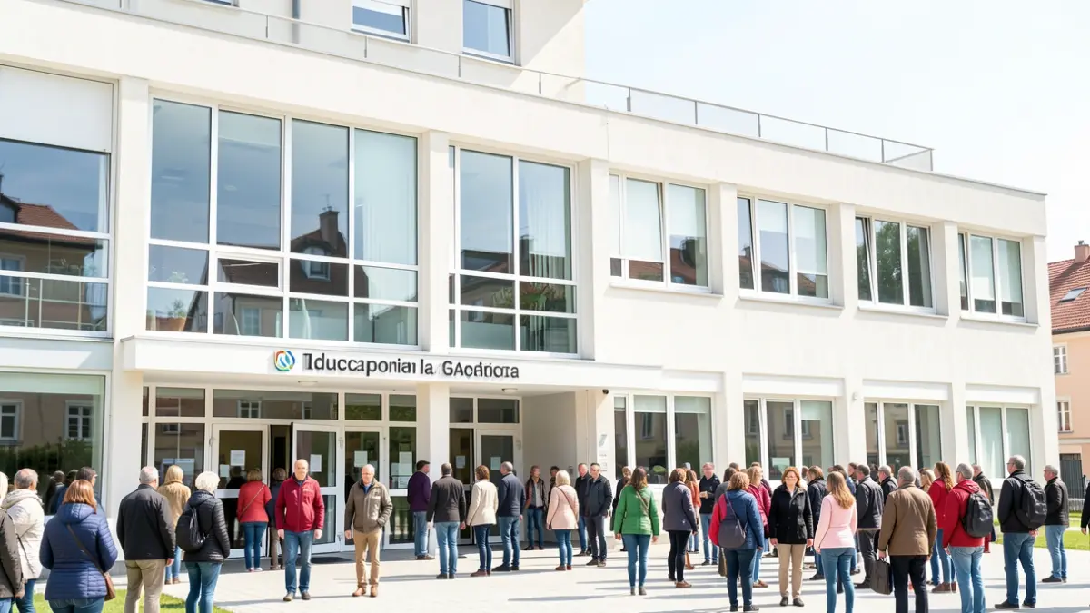 Imaxe xenérica dun edificio de institución educativa moderna con grandes ventás e sinalización clara, luz diurna brillante, atmosfera limpa e acolledora.