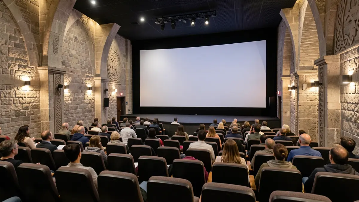Generic image of an empty cinema hall with seats and screen.