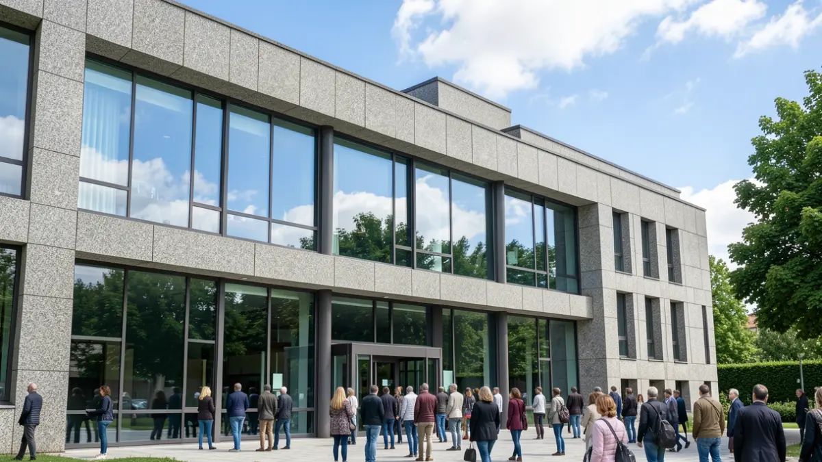 Generic image of a modern university building with large windows and green surroundings.