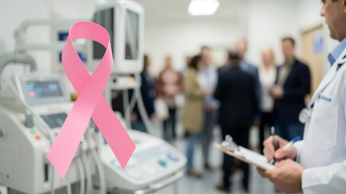 Imaxe xenérica dunha cinta rosa sobre fondo desfocado de material médico e man dun doutor cunha tableta.