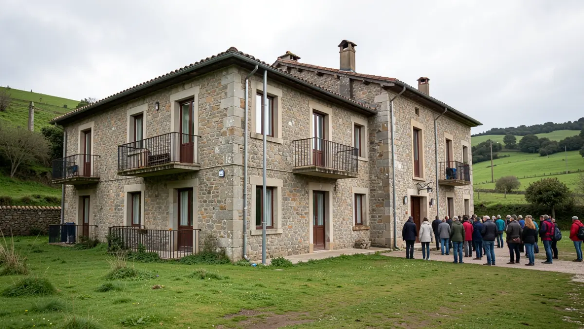 Imagen genérica de un albergue juvenil con fachada de piedra y balcones, rodeado de paisaje gallego.