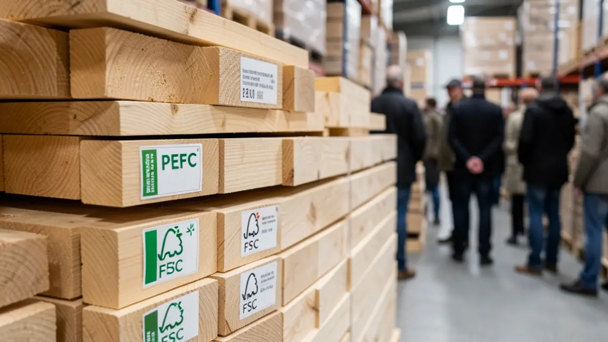 Imaxe xenérica de pilas de madeira con selos de certificación PEFC e FSC nun almacén.