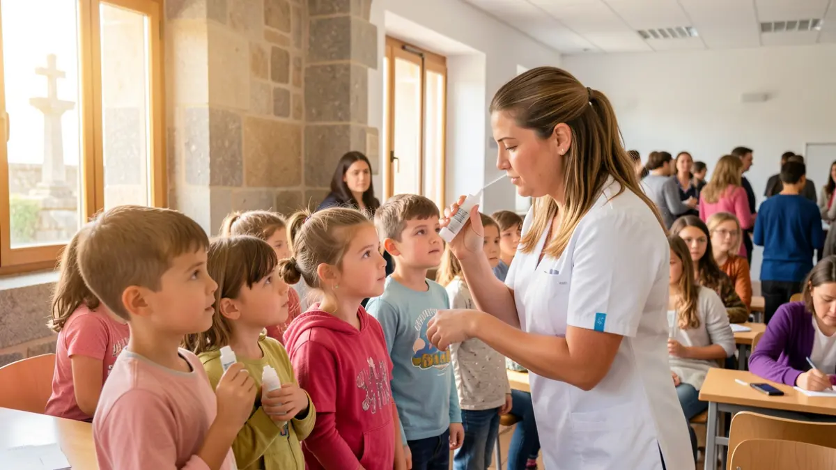 Imagen genérica de una enfermera administrando una vacuna intranasal a niños en un aula gallega.
