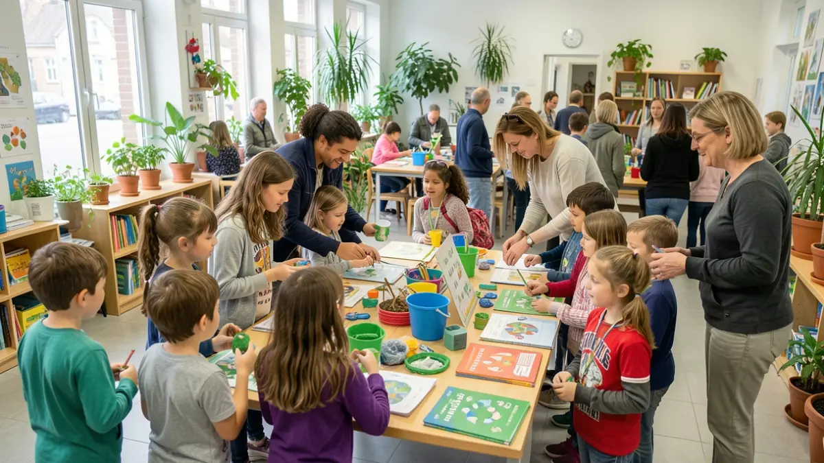Imaxe xenérica de nenos e profesores participando nun obradoiro sobre reciclaxe e economía circular.