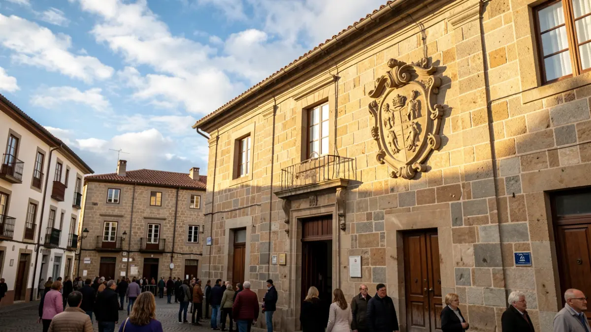 Imaxe xenérica dunha fachada de pedra histórica cun escudo ornamental.