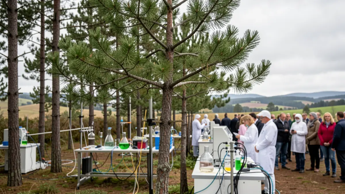 Imaxe xenérica de piñeiros nun bosque laboratorio con equipamento científico e persoas difuminadas.