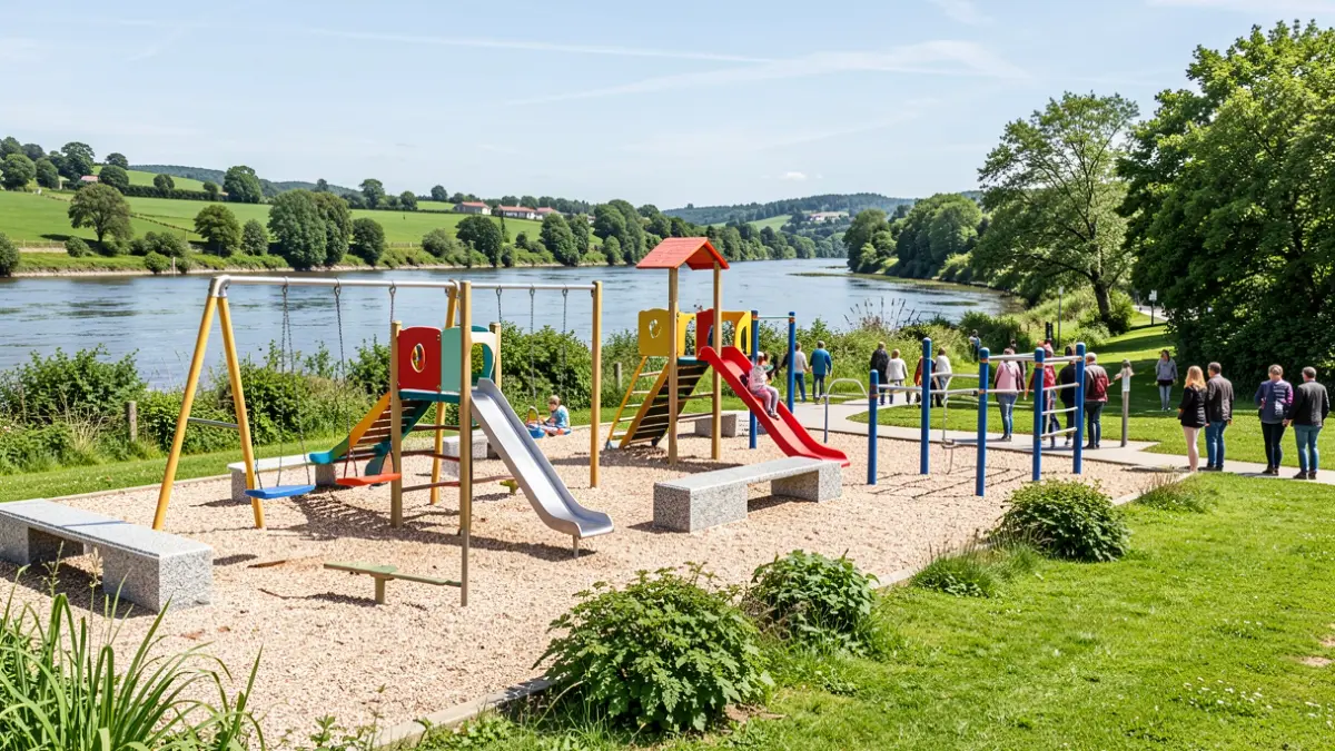 Imagen de un parque infantil moderno y vibrante en un paseo fluvial de Ponteceso, con circuito de calistenia y mobiliario nuevo.
