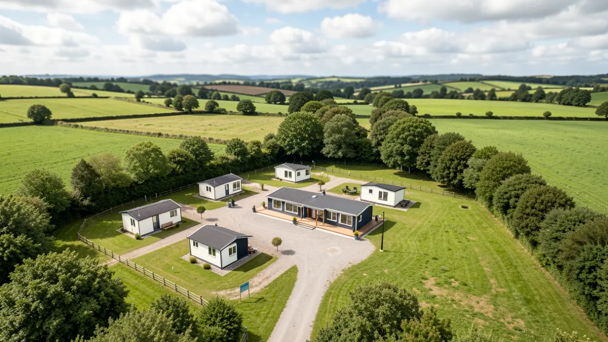 Generic image of a small rural tourist camp in Galicia with bungalows and a service building.