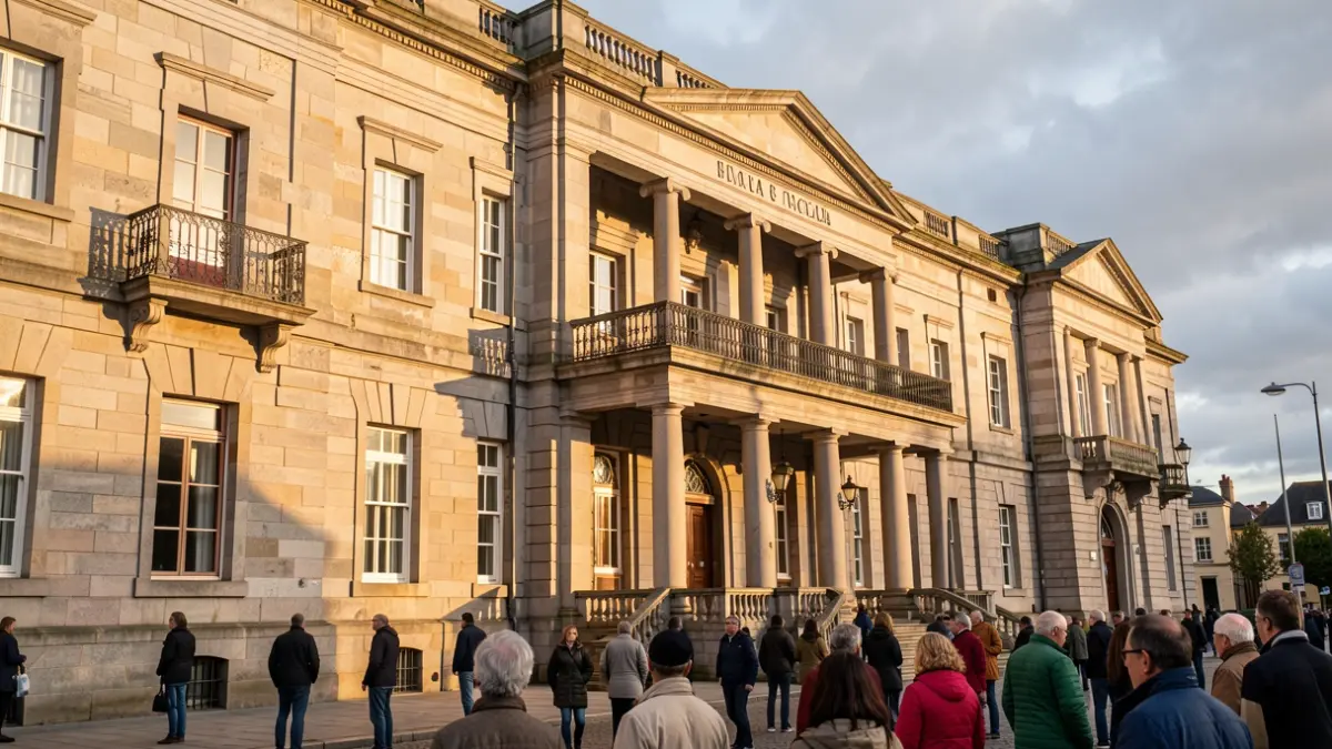 Imaxe xenérica dun edificio institucional de Galicia con arquitectura de granito baixo un ceo nubrado.
