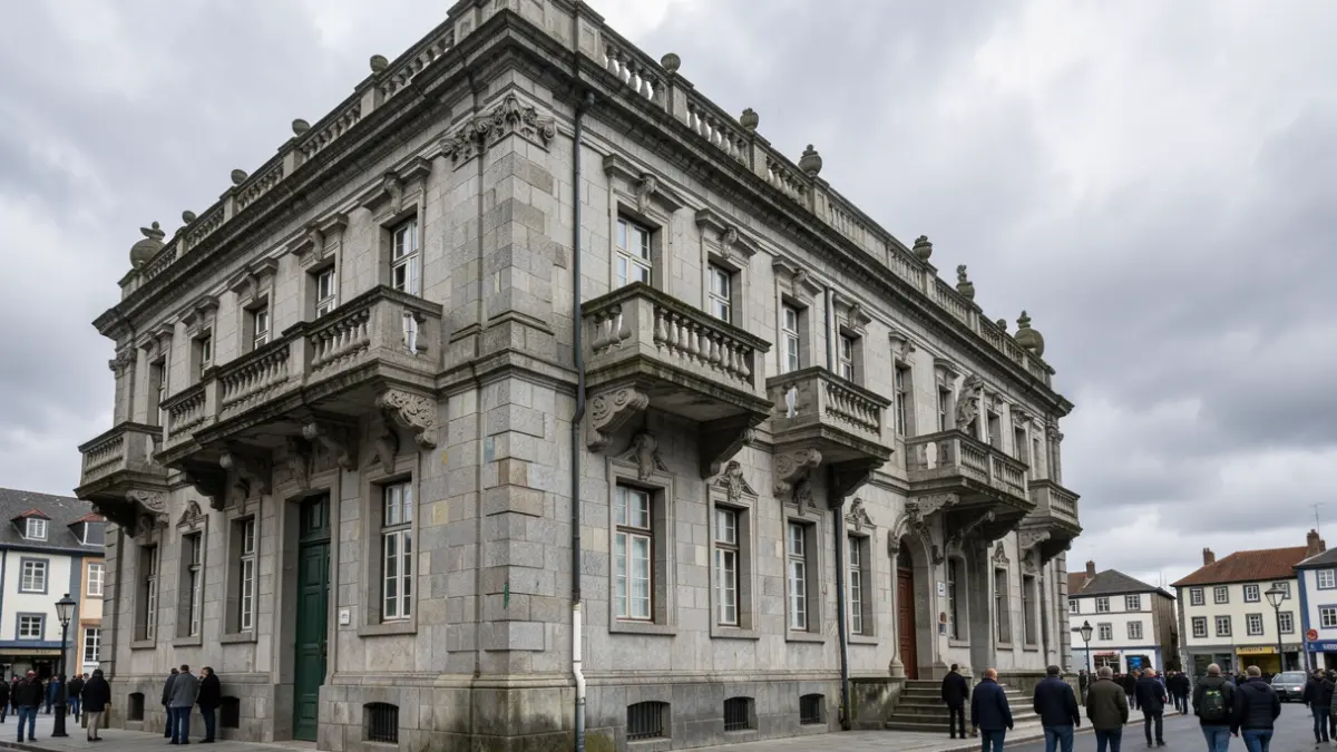 Generic image of a Galician granite institutional building under a cloudy sky.