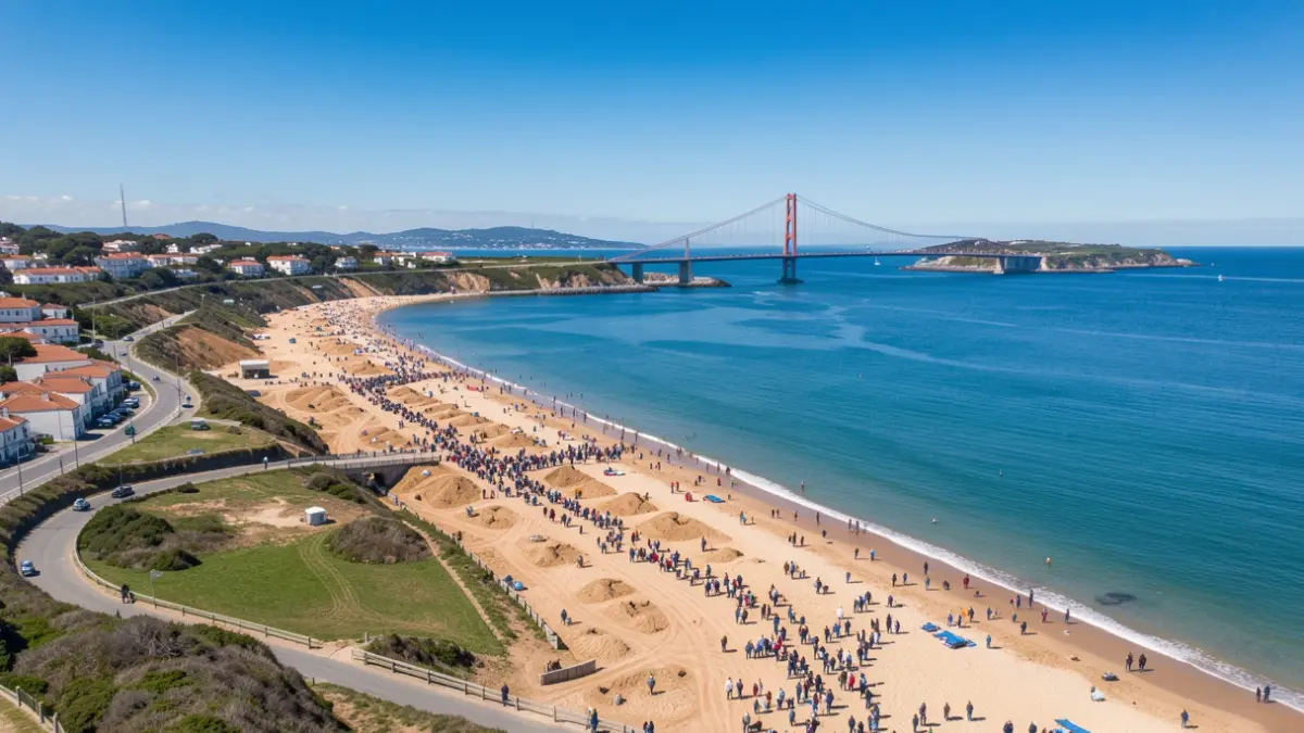 Vista aérea da Praia do Vao en Vigo, Galicia, destacando a recuperación ambiental e a contorna.