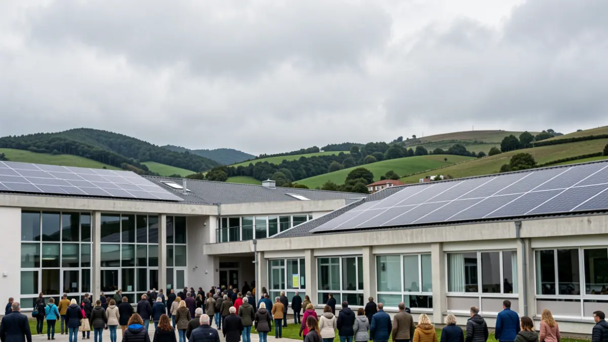 Generic image of a modern educational building with solar panels and large windows, set against a backdrop of cloudy Galician hills.
