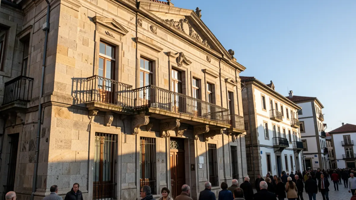 Generic image of a granite town hall with a balcony and blue sky.