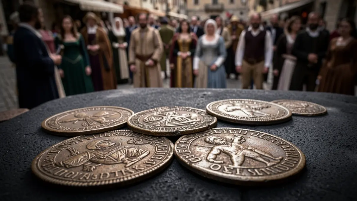 Primer plano de monedas históricas raras del Reino Suevo y del Renacimiento gallego.