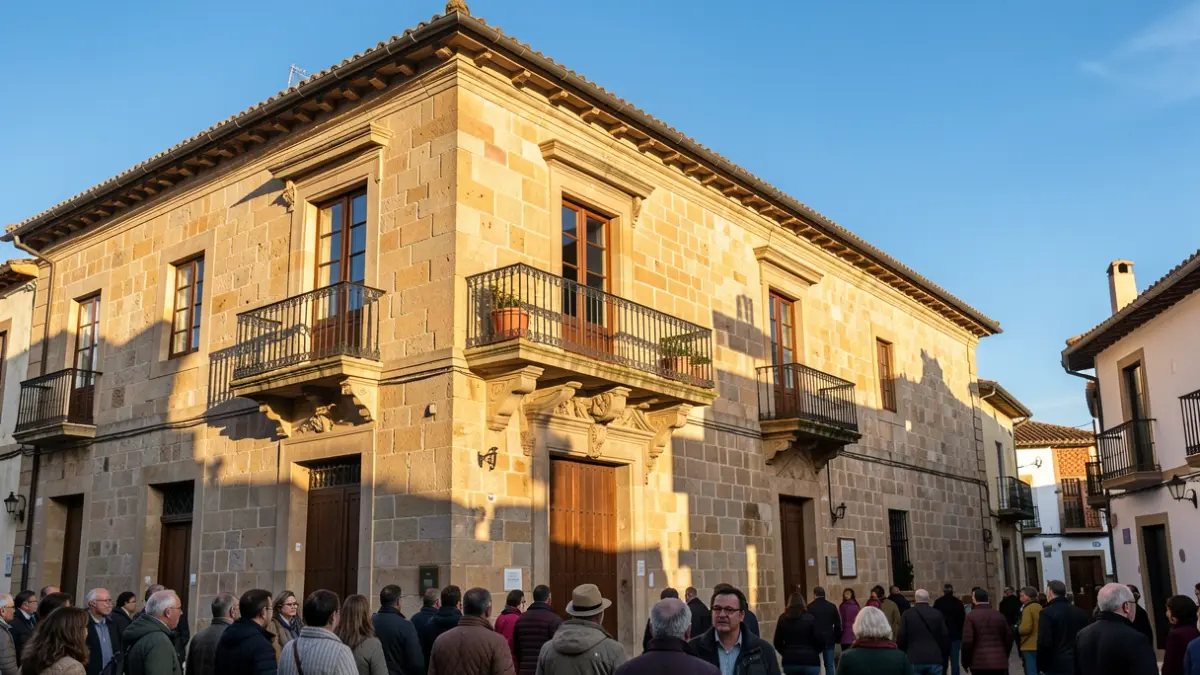 Generic image of a traditional Galician stone town hall facade with an ornate balcony and railings, warm afternoon sunlight.