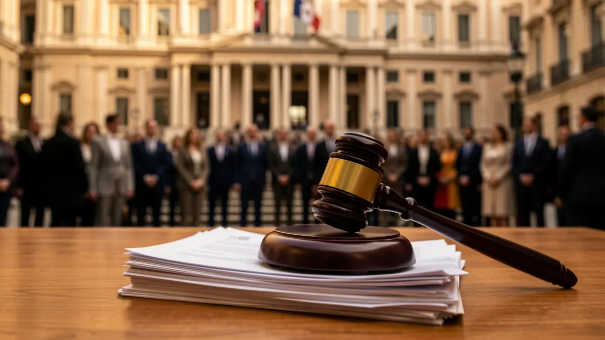 Primer plano dunha mazá de xuíz sobre documentos oficiais, coa fachada do parlamento español desenfocada ao fondo.
