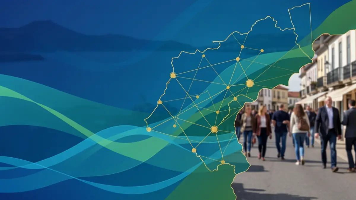 Imagen genérica de economía azul con olas y líneas conectando conocimiento y territorio gallego.