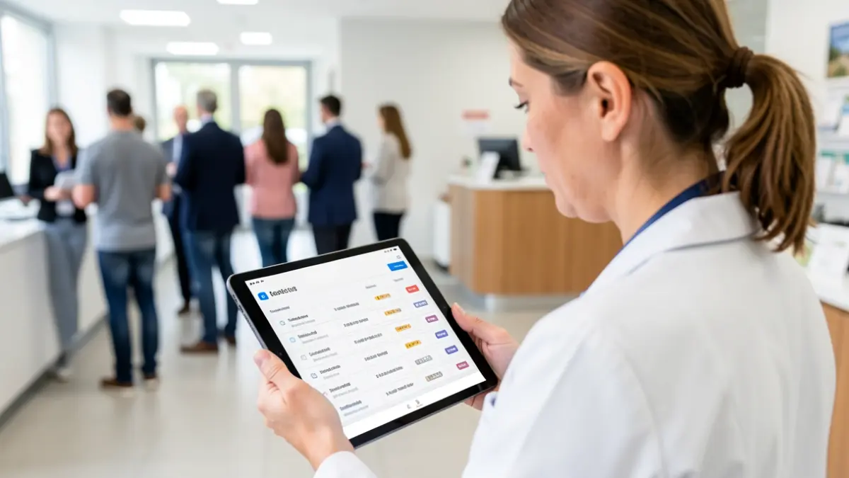 Profesional sanitario galego revisando unha tableta dixital con axendas.