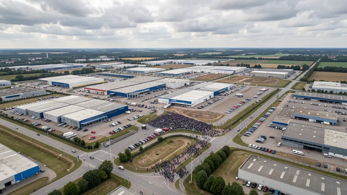 Imagen genérica de un parque empresarial en ampliación bajo un cielo nublado.