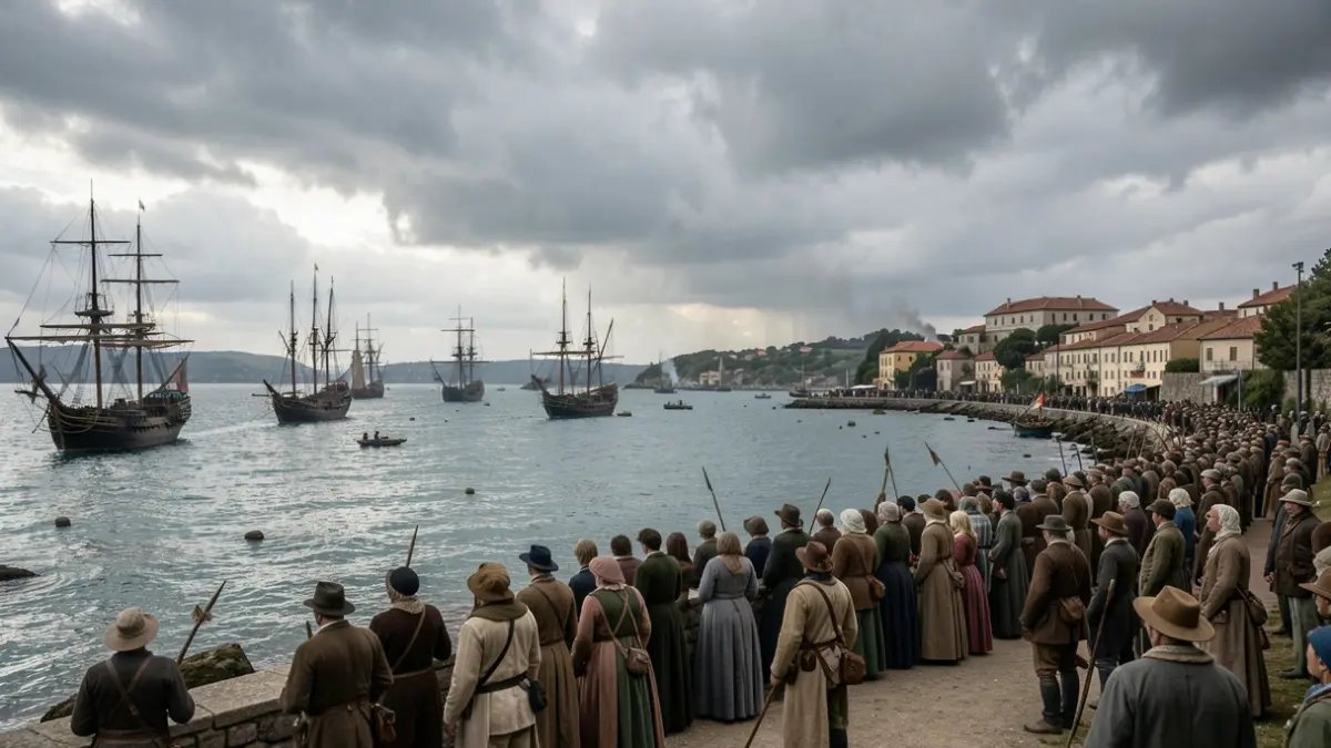 Generic image of a historical naval reenactment in the San Simón cove.