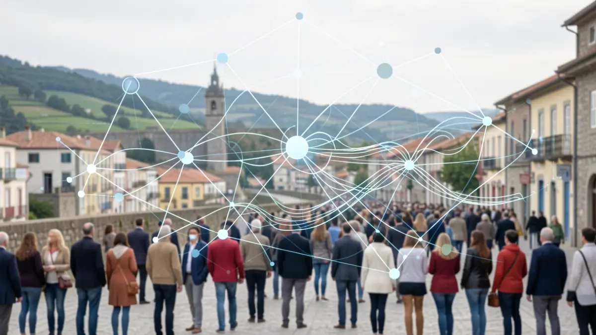 Imaxe xenérica de nodos interconectados e fluxos de datos abstractos, con elementos sutís da paisaxe galega.