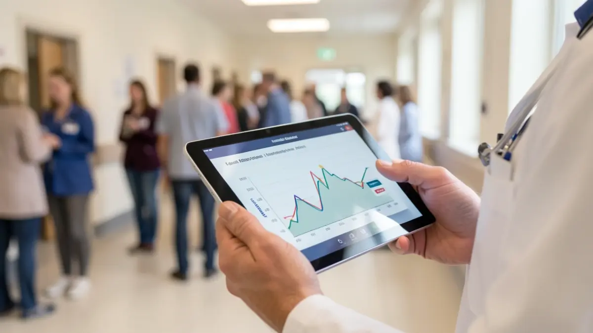 Imaxe xenérica dun profesional sanitario sostendo unha tableta cun gráfico de saúde mental, con interior hospitalario difuminado ao fondo.