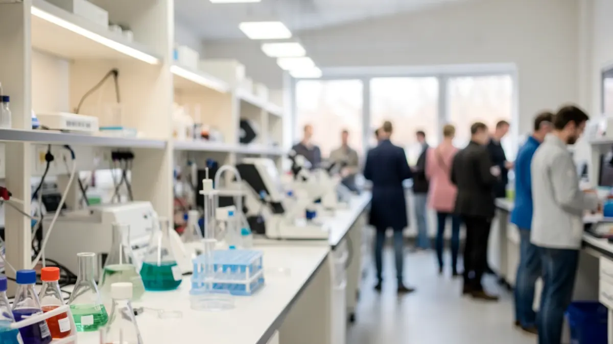 Generic image of a medical laboratory with blurred scientific equipment and vials, soft ambient lighting.