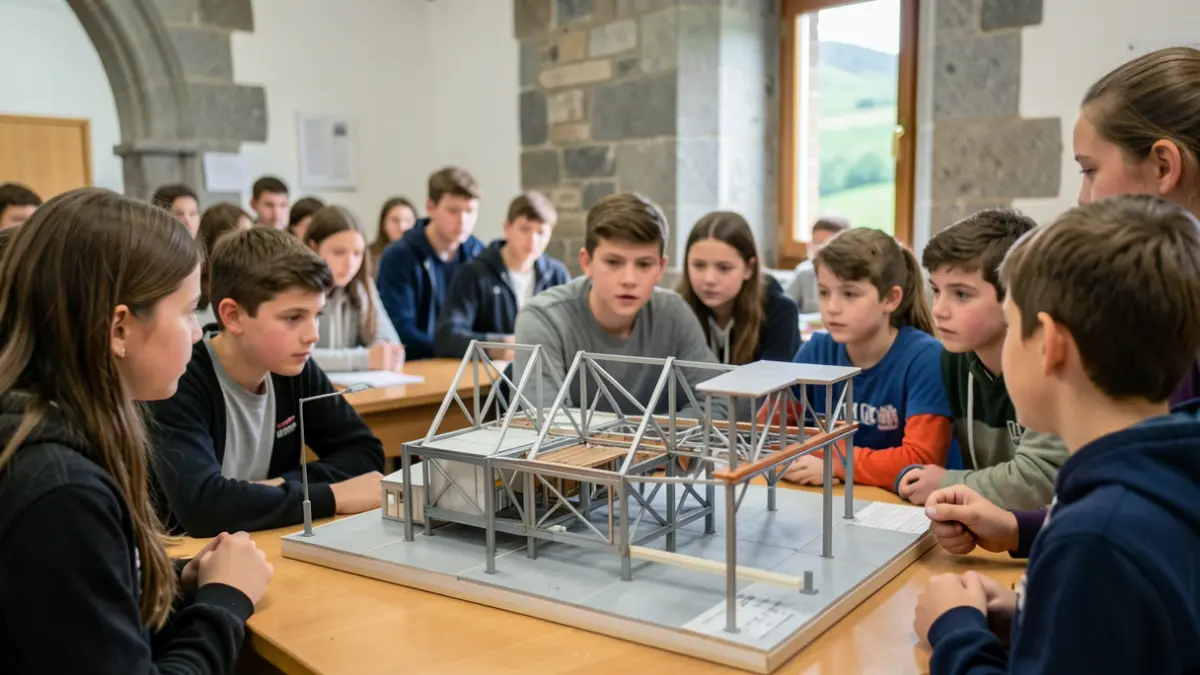 Imaxe xenérica dunha aula con alumnos e un instrutor observando unha maqueta de enxeñaría.