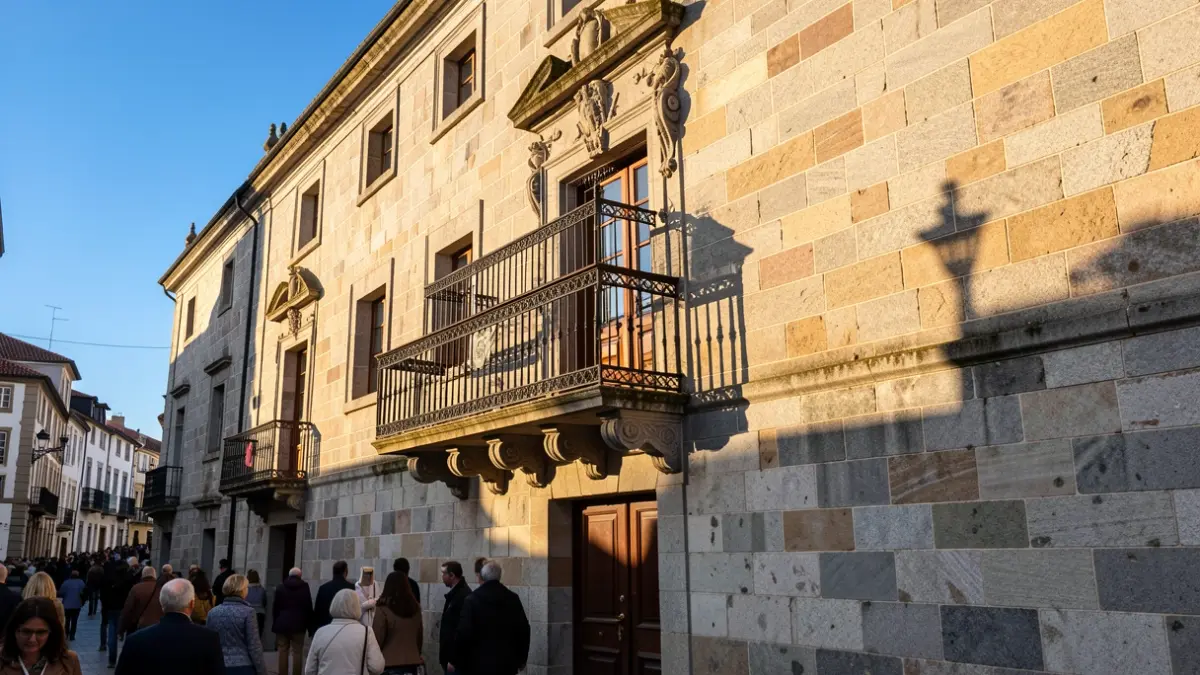 Imaxe xenérica dun concello galego de granito con balcón ornamentado e ceo azul.