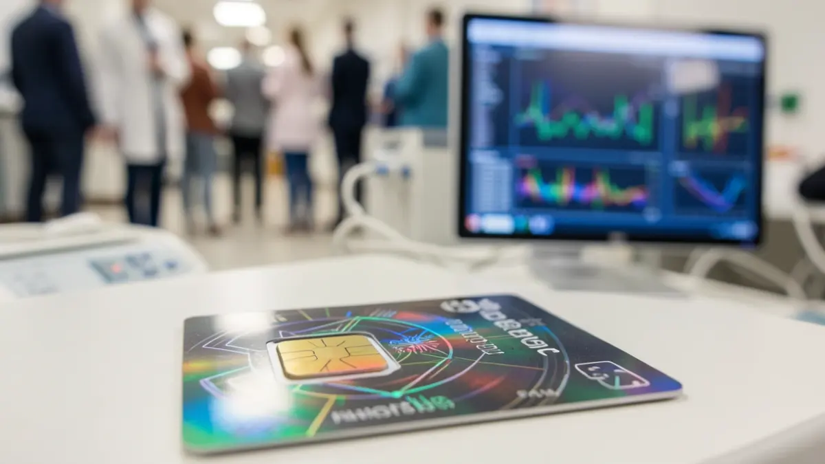 Imaxe xenérica dunha tarxeta intelixente criptográfica cun chip de seguridade holográfico.