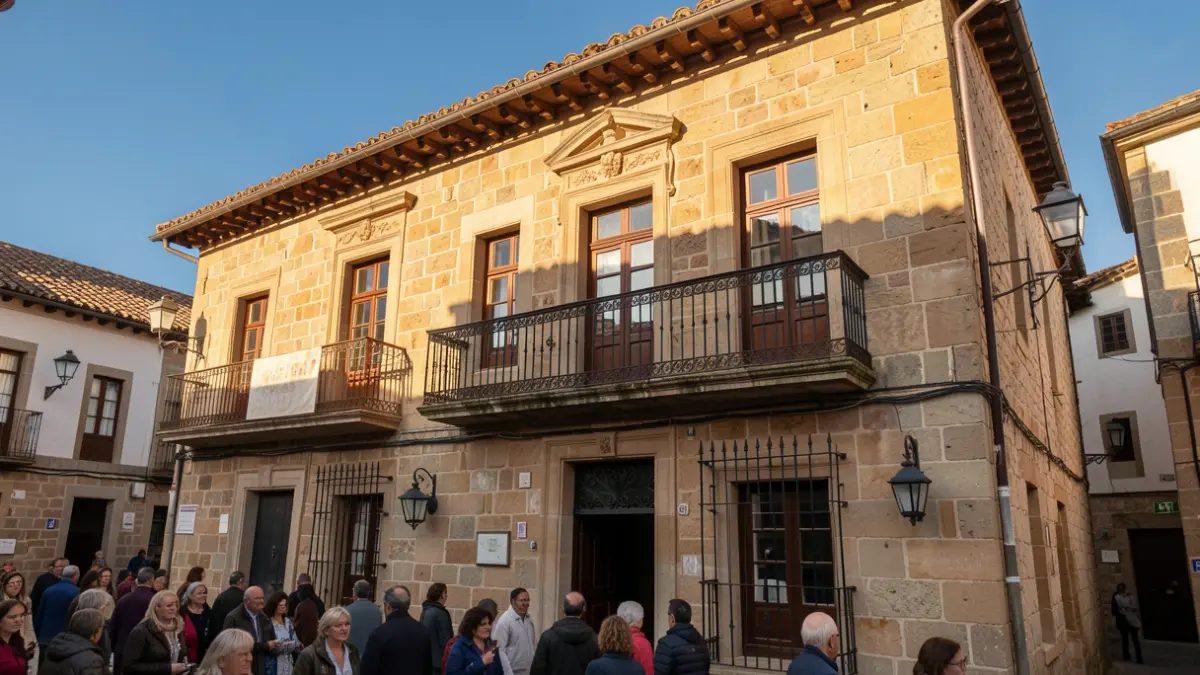 Generic image of a traditional Galician stone town hall facade with an ornate balcony and railings, warm afternoon light, blue sky.