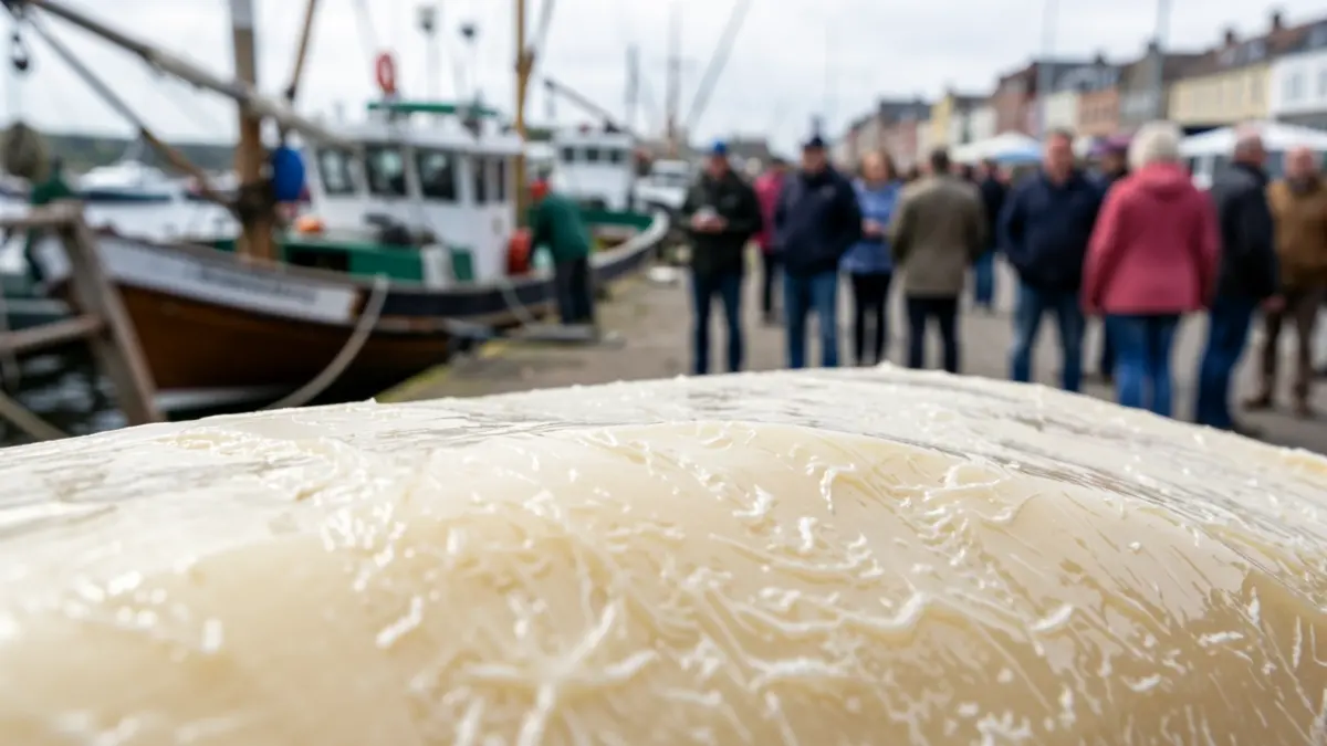 Generic image of bioplastic made from chitosan, showing rigid texture and slight sheen. Blurred background of fishing industry equipment.