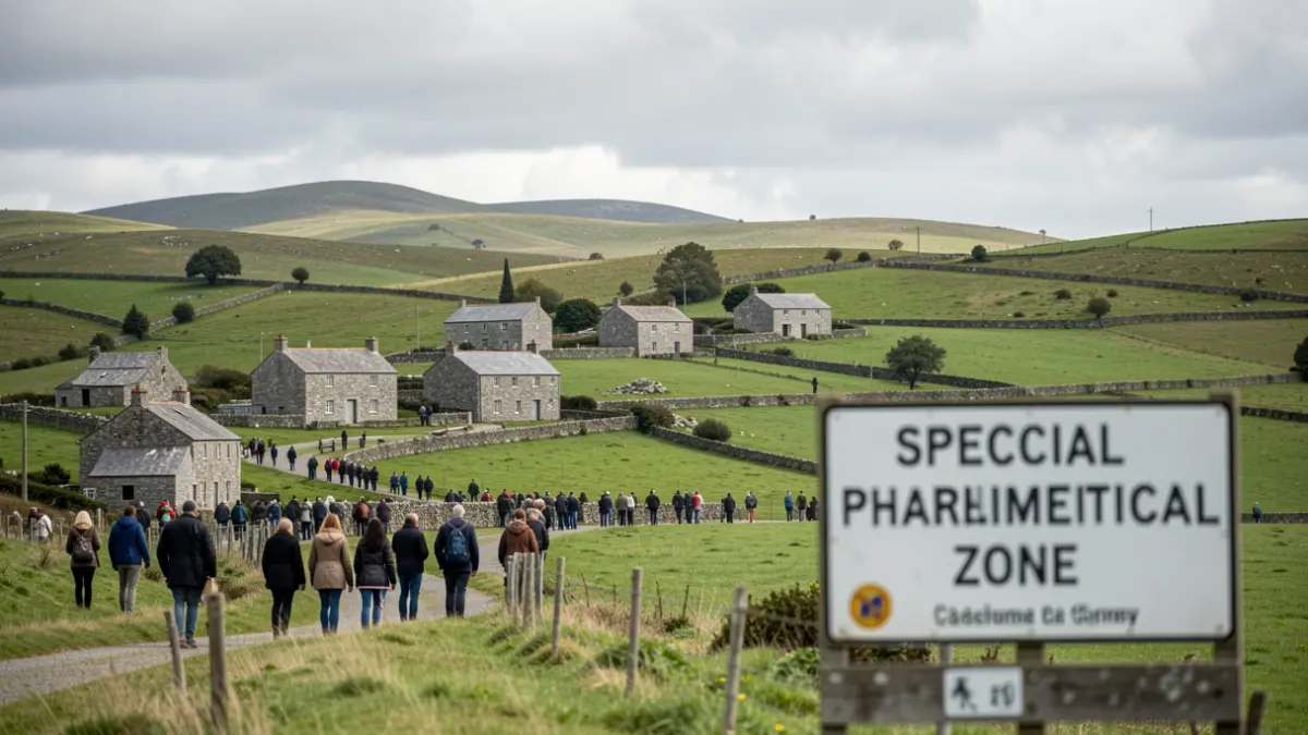 Generic image of a rural Galician area with granite houses and a sign indicating a special pharmaceutical zone.