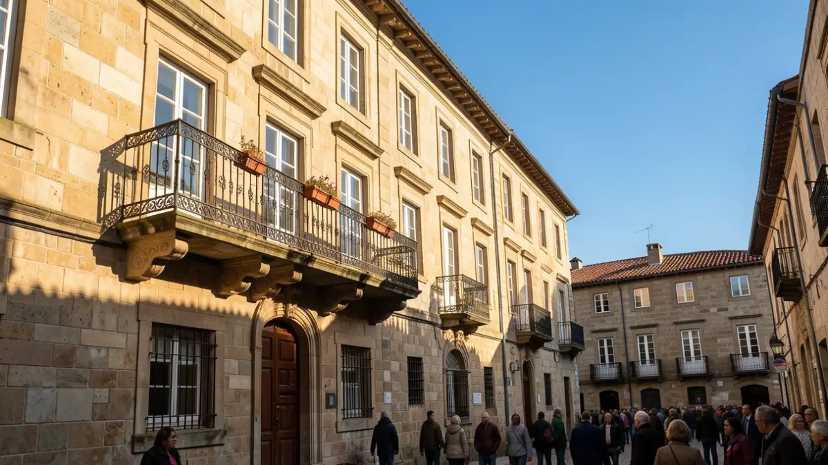 Imaxe xenérica dunha fachada de concello galego de pedra con balcón ornamentado e raís de ferro, á luz cálida da tarde.