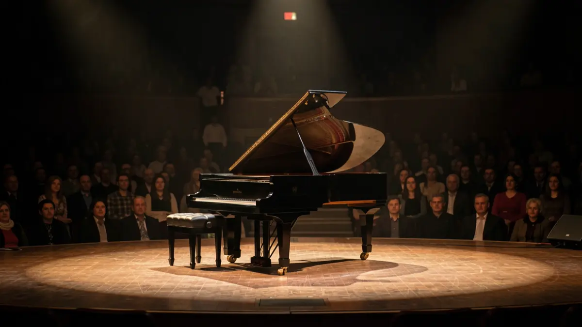 Imaxe xenérica dun piano de cola nun escenario de concerto con focos de luz.