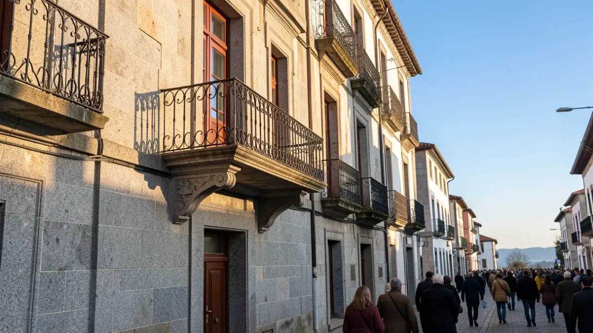 Fachada dun edificio de pedra con balcón e ferros ornamentais, luz solar da tarde.