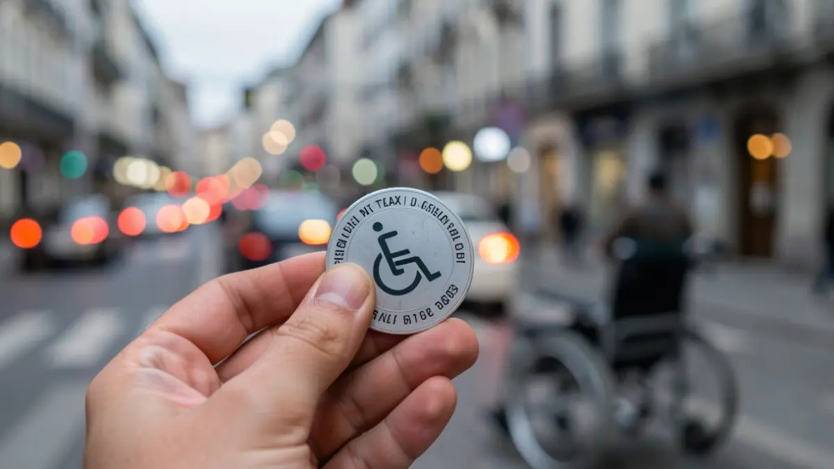 Primeiro plano dunha man sostendo unha ficha de taxi, con luces urbanas desenfocadas e un símbolo de cadeira de rodas ao fondo.
