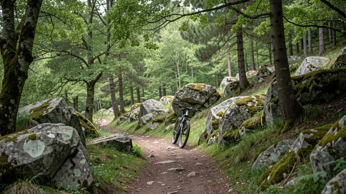 Generic image of a well-maintained mountain trail in a Galician forest with diffused light.