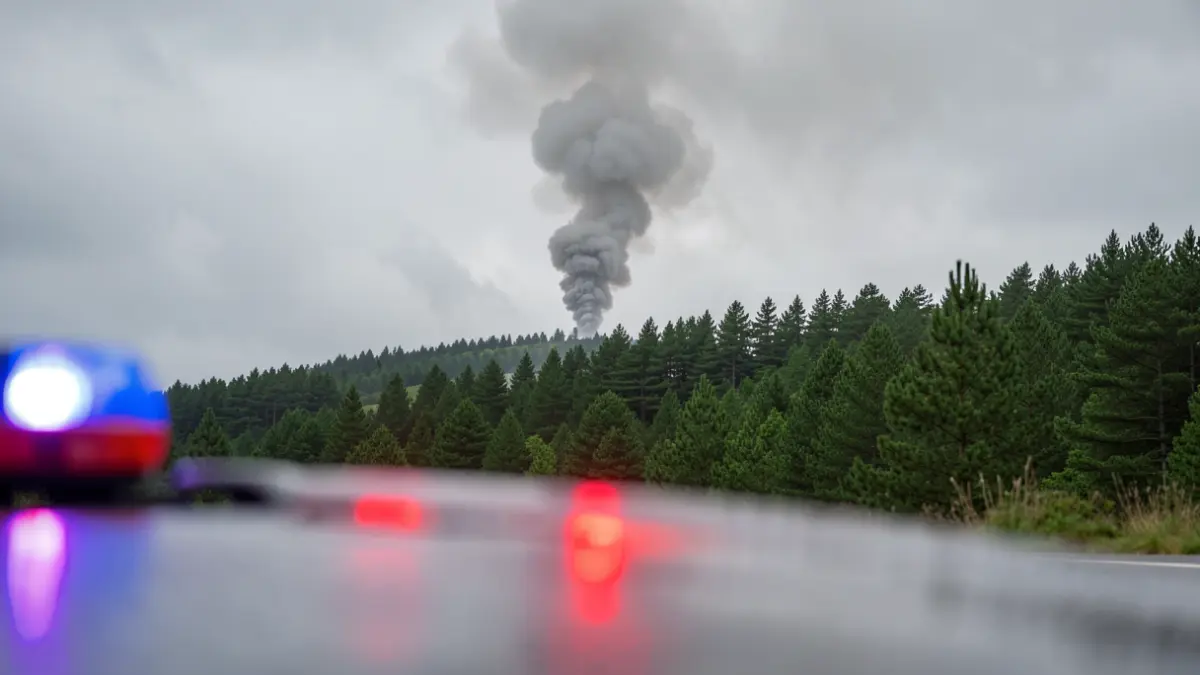 Imagen genérica de humo ascendiendo sobre una ladera de monte con árboles y una luz de emergencia reflejada en el suelo mojado.